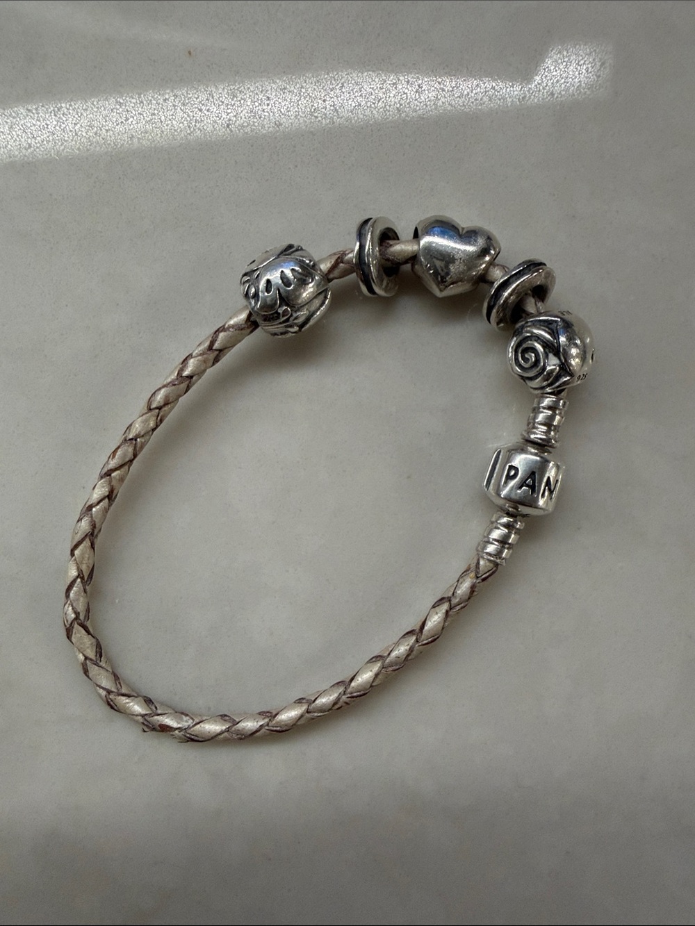 Pandora champagne Braided Leather Sterling Charm Bracelet